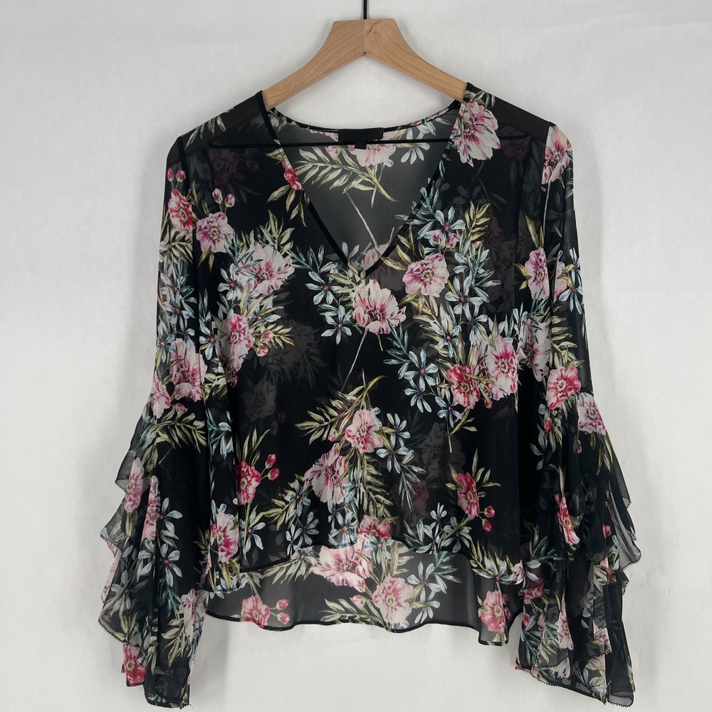 Intermix Caitlin Top Womens P Black Flower Silk Ruffled Sleeve Bohemian V‎ Neck